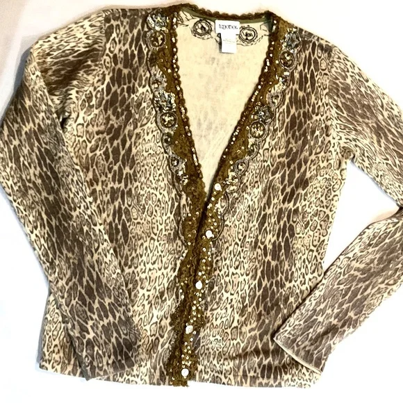 Together Leopard-like V Neck Button up Long Sleeve Sweater Sz Small - Picture 5 of 6